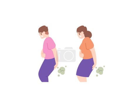 a man and a woman feel pain in the stomach and frequent farting. stomachache and fart. symptoms of ulcer disease or GERD, peptic ulcer, and gastroparesis. health problems. character illustration