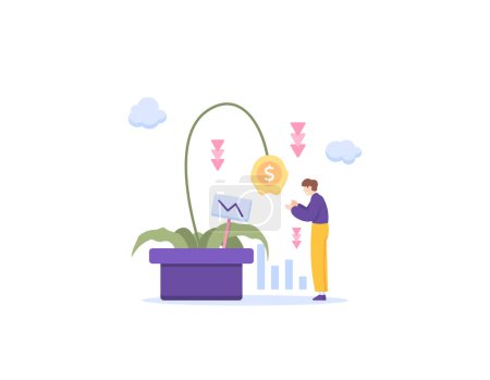 Illustration for Fail in investing. A businessman or investor is sad because he has suffered a loss in investing. withered money plants. failures, problems, finance, and business. illustration concept design. vector - Royalty Free Image