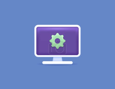 Illustration for Computer system configuration. settings, adjustments, setup processes. PC monitor and cog. technology. symbols and icons. Minimalist 3D concept design. vector elements. blue background - Royalty Free Image