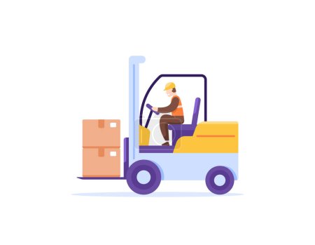 Illustration for A man operates a forklift to lift and move materials or boxes. Operator forklift. Labor or industrial and project workers. industrial trucks. occupation and profession. Flat, minimalist illustration - Royalty Free Image