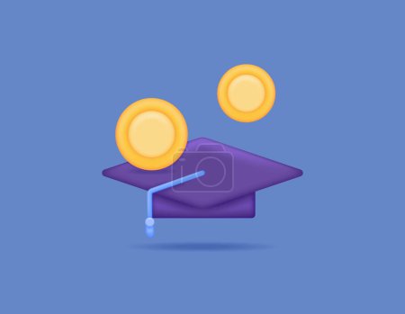 Illustration for Graduation caps and the coins. Tuition fees and student loans. Academic and effort. Money to study or go to school. Symbol or icon. Minimalist 3D illustration concept design. Vector elements - Royalty Free Image