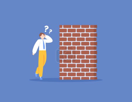 Illustration for Stuck mind. thinking to find a solution. solve the problem. challenges and obstacles. a businessman thinks of a way to get past a wall blocking the way. illustration concept design. vector elements - Royalty Free Image