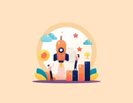 Illustration for Build and launch a new business. startup business. partnerships and new projects. release products and ideas or new innovations. A team launches a rocket. illustration design concept. vector elements - Royalty Free Image