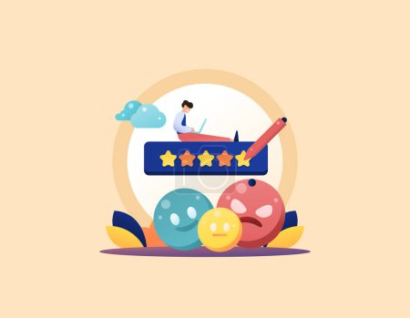 Illustration for Star rating. The buyer or client gives a 5 star rating. customer responses. Customers are happy or angry. feedback, service ratings, and writing a review. illustration design concept. vector elements - Royalty Free Image