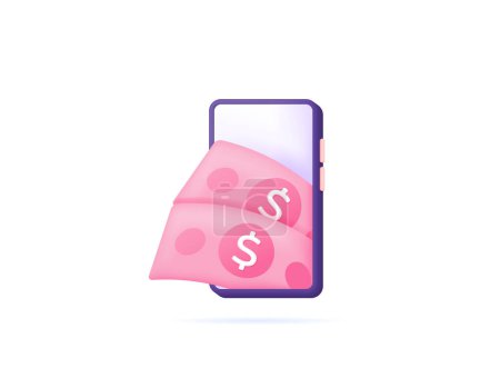 Ilustración de Ilustración 3D de un billete de dólar rosa saliendo o saliendo de un teléfono inteligente. ganar dinero en línea. ganar dinero con el teléfono inteligente. Diseño minimalista en 3D. elementos vectoriales. fondo blanco - Imagen libre de derechos