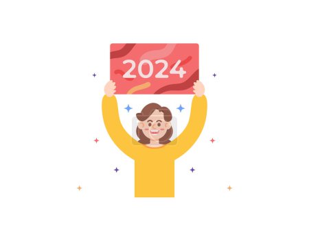 Illustration for A woman lifts and holds a sign reading the number of 2024. enjoying and celebrating the new year 2024. have fun. Participate and enjoy New Year's events, festivals, or celebrations. illustration - Royalty Free Image
