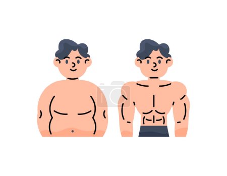 Illustration for Illustration of a fat man and a man with a muscular or ideal body. body transformation. before after. from fat to stocky. flat or cartoon style people illustration design. graphic elements. vector - Royalty Free Image
