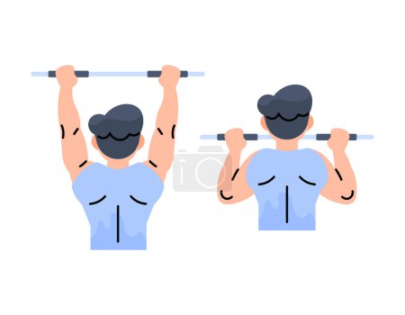Illustration for Illustration of a man doing pull ups. hanging and lifting the body. train arm and upper body strength. calisthenic sports. muscular body. flat or cartoon style people illustration design. graphic elements. vector - Royalty Free Image