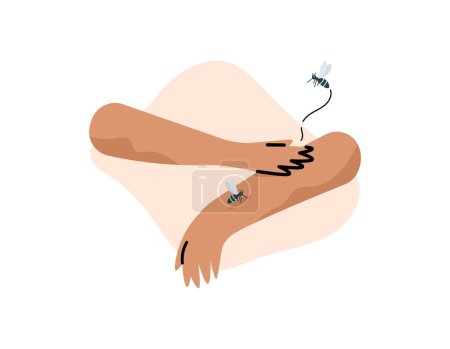 Illustration for Illustration of a hand swatting an arm that is bitten by mosquitoes. Repels mosquitoes that bite hands. humans and insects. Flat and cartoon illustration designs. graphic elements. Vector - Royalty Free Image