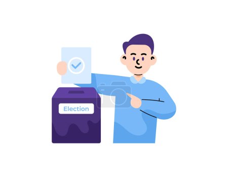 Illustration for Illustration of a man holding a ballot paper and next to the ballot box. following the election. voting and polls. democracy. flat or cartoon style character illustration design. graphic elements - Royalty Free Image