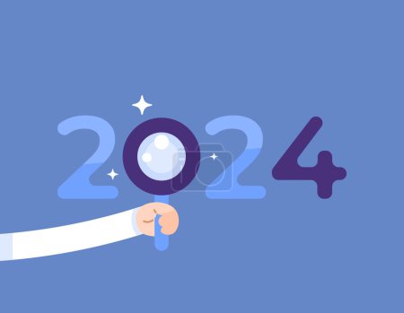 Illustration for Vision in 2024. analysis and research. prospects and opportunities. happy new year 2024. illustration of a hand holding a magnifying glass and the number 2024. blue background. design elements. modern - Royalty Free Image