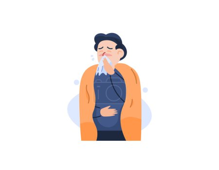 Illustration for A man who has flu or colds. wearing a blanket because of the body is feverish. using tissues. health problems and diseases. the character of people. Cartoon or flat style illustration design. graphic - Royalty Free Image