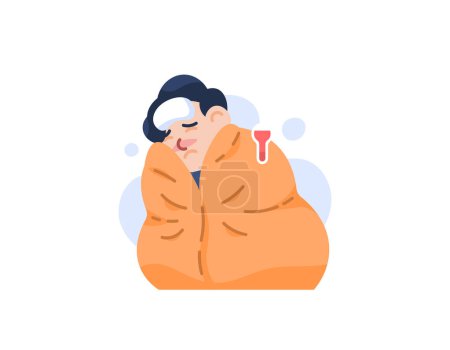 Illustration for A man who has a fever. wearing a blanket because of catching a cold. high body temperature. health problems and diseases. the character of people. Cartoon or flat style illustration design. graphic - Royalty Free Image