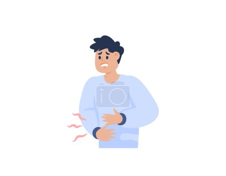 Ilustración de Ilustración de un hombre con dolor de estómago debido al hambre. soportar el hambre. dolor de estómago. síntomas de úlceras o ERGE. El estómago duele por comer tarde. dibujos animados o diseño de ilustración de carácter plano - Imagen libre de derechos