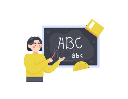 Illustration for A female teacher who is teaching. teach or explain about the letters of the alphabet. teacher with blackboard. occupation or profession. Happy Teacher's Day. flat style illustration concept design - Royalty Free Image
