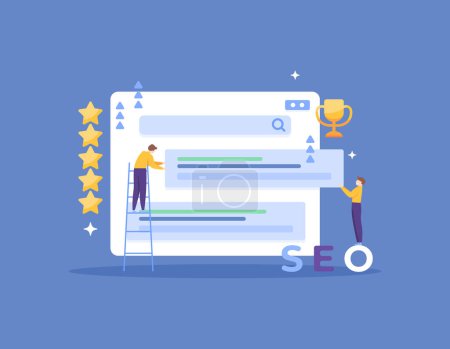 Illustration for On-Page SEO Optimization. Optimize the content on the website page so it can appear on the first page and top rankings in search engines. SEO Specialist Team. illustration concept design. graphic - Royalty Free Image