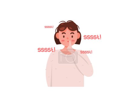 Shushing. Illustration of a girl asking to be quiet and calm. telling them to stop talking or making noise. gestures. Flat style girl character design. graphic elements. Vector