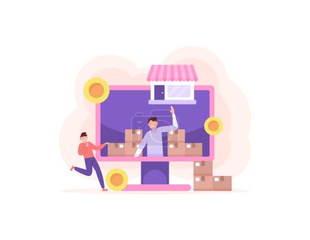 Reseller and distributor concept. retail business, online store, marketplace or e-commerce. online shopping. wholesale goods center. Sellers welcome and serve customers. flat style illustration design