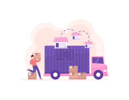 Ilustración de El concepto de distribuidor y mensajero de paquetes. El conductor del camión de carga coloca la caja del paquete o las mercancías ordenadas en el camión. cargando mercancías. servicio de envío. diseño de ilustración de estilo plano. gráfico - Imagen libre de derechos