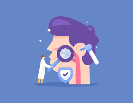 Illustration for Concept of checking the health condition of the ears, nose and throat. a specialist doctor examines, evaluates, and carries out treatment. checked by an otolaryngologist. flat style illustration - Royalty Free Image
