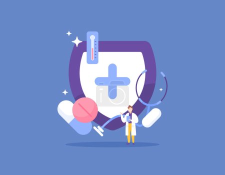 Illustration for Industrial pharmaceutical concept. medicine and health. doctor with a medicine pill, shield, thermometer, and stethoscope. flat style illustration concept design. graphic elements. vector - Royalty Free Image