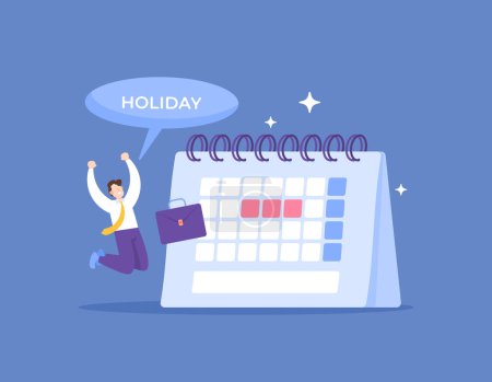 Illustration for Holiday day concept. time to take a vacation, rest and relax from work. holiday schedule. a worker is happy because he gets leave. look at the calendar. illustration concept design. graphic elements - Royalty Free Image