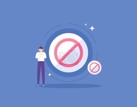 Illustration for Forbidden sign. a man with a prohibition sign. not permitted, prohibited, and not allowed. illustration concept design. graphic elements. flat style vector - Royalty Free Image