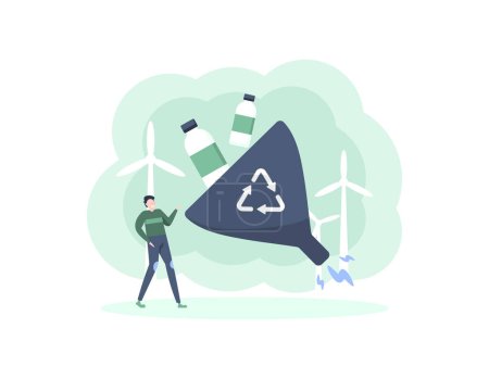 Illustration for Recycling concept. converting plastic waste into energy. a man processes plastic bottle waste to create a new energy source. waste management. environmental care. illustration concept design. graphic - Royalty Free Image