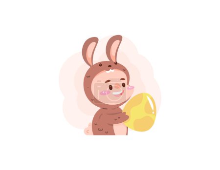 Ilustración de Ilustración de un niño con un traje de conejo marrón. celebrando el día de Pascua y sosteniendo huevos de Pascua. personajes divertidos, adorables y lindos. diseño de ilustración plano o estilo de dibujos animados. elementos gráficos - Imagen libre de derechos