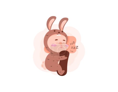 illustration of a boy sleeping while wearing a brown rabbit costume. sleeping while hugging a bolster. funny, adorable and cute characters. flat or cartoon style illustration design. graphic elements