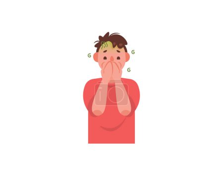 Illustration for A man covers his mouth because he wants to vomit. keep from vomiting. dizziness, nausea and wanting to vomit. sick, not feeling well. diseases and health problems. character illustration design - Royalty Free Image