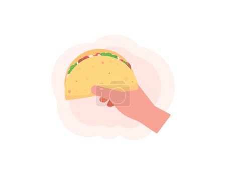 Téléchargez les illustrations : Illustration d'une main tenant un taco. manger des tacos. Tortillas remplies de légumes et de viande. cuisine mexicaine typique. conception d'illustration de style plat ou dessin animé. éléments graphiques. vecteur - en licence libre de droit