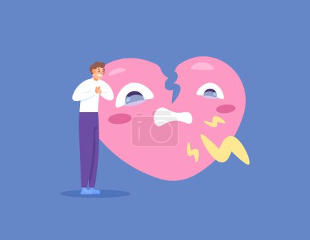 Illustration for A man who feels hurt because of love. hurt by girlfriend. expression of a wounded heart. hurt because of being cheated on. breakup. love problems. flat style illustration concept design. graphic - Royalty Free Image