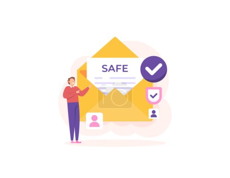 secure message. prevention and protection from fraudulent messages, scam emails, or crimes via SMS. user safety. a man with a letter symbol and a check mark. illustration concept design. graphic