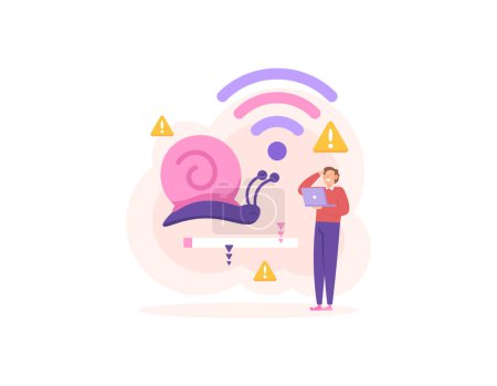 a user is annoyed because his internet speed is slow. problems with the wifi network. internet connection is experiencing problems. the internet is slow like a snail's pace. illustration concept