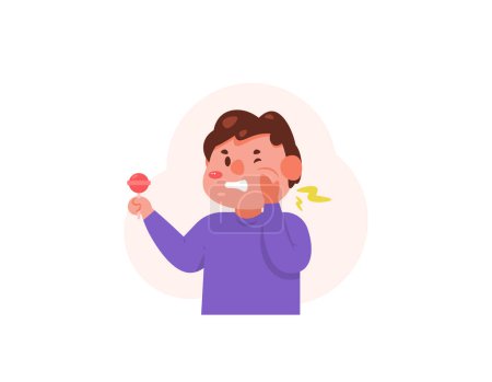 Illustration for A boy felt pain in his teeth from eating candy. eating too much sweet food to the point of toothache. dental health problems. expression of pain. cute boy character. illustration design. graphic - Royalty Free Image