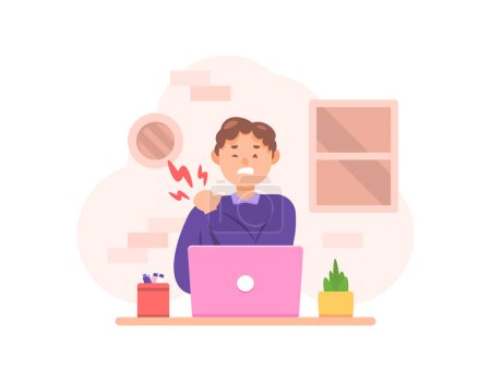 illustration of a man feeling pain in his shoulder. shoulder pain when working. Shoulder muscles are sore and stiff due to working too long. health problems in workers or employees. character