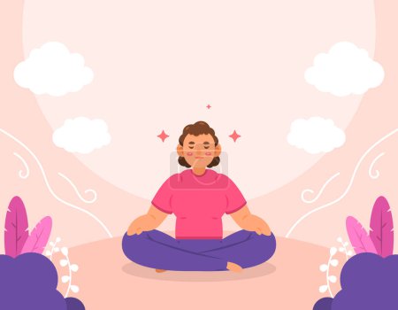 Téléchargez les illustrations : Illustration of a woman doing yoga. Sit cross-legged and meditate in nature or outside. lotus pose. international yoga day. activities to exercise and calm the mind. character illustration design - en licence libre de droit