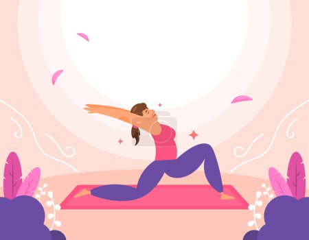 Téléchargez les illustrations : Illustration d'une femme faisant des mouvements de yoga. pose guerrier 1. journée internationale de yoga. faire des activités et de l'exercice dans la nature. améliore la flexibilité et la force musculaire, tout en corrigeant une mauvaise posture - en licence libre de droit