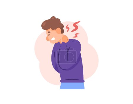 illustration of a man feeling pain in his neck. back neck pain, muscle aches, stiff or tense muscles. symptoms of muscle injury or arthritis. neck problems. condition and health. flat style character 