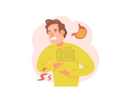Ilustración de Ilustración de un hombre que siente dolor en el estómago. dolor de estómago. Enfermedad por reflujo gastroesofágico o ERGE. reflujo ácido o úlcera. problemas estomacales o digestivos. salud. estilo plano - Imagen libre de derechos