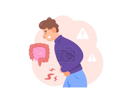 illustration of a man feeling pain in his stomach. stomach ache. appendicitis or inflammation of the appendix. intestinal inflammation. problems, conditions and health. flat style character