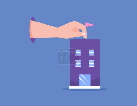 acquisition and takeover. buying shares or assets from another company. take over ownership of the business. illustration of a hand placing a flag on a company or business building. concept design