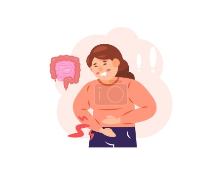 illustration d'une femme qui ressent de la douleur à l'estomac. maux d'estomac. appendicite ou inflammation de l'appendice. inflammation intestinale. problèmes, conditions et santé. caractère de style plat