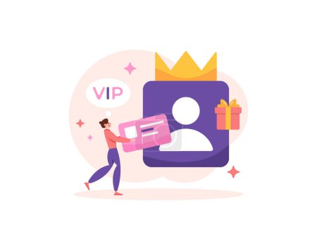 a membership concept. join to become a VIP member. priority, premium, or exclusive accounts. privileged members. a man brings a membership card. benefits and rewards. illustration concept design
