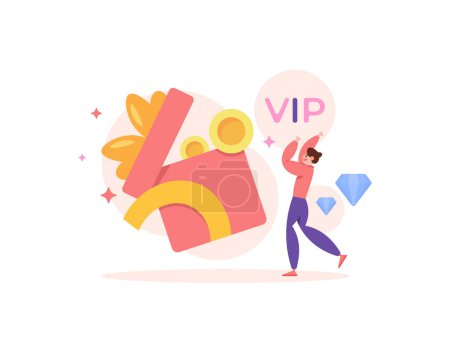 Illustration for Benefits as a VIP or priority member. membership benefits. rewards from royalty programs. a VIP member is happy because he received a gift. produce a surprise or special gift. illustration concept - Royalty Free Image