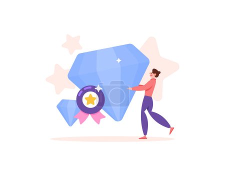 Illustration for Quality product. Total Quality Management. a man presenting high quality and certified products. premium and superior quality. man with diamonds. illustration concept design. graphic elements - Royalty Free Image