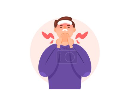 illustration of a man who feels pain in his neck. Symptoms of Glandular Fever. swollen lymph nodes or tonsils, sore throat, pain when swallowing. health and disease. character illustration. graphic
