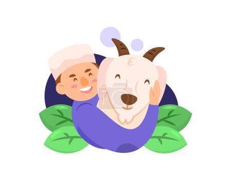 Ilustración de Ilustración de un hombre musulmán con una cabra. Celebración de Eid al-Adha. chico abrazando a una cabra. personas personajes con animales. diseño de concepto de ilustración. elementos gráficos. se puede utilizar para carteles, pancartas - Imagen libre de derechos