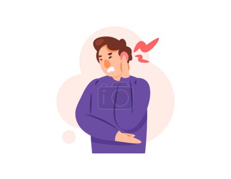 illustration of a man with red and swollen ears. earache. Otalgia symptoms. ear infection. pain in the inside or outside of the ear. health problems and disorders. flat style character illustration